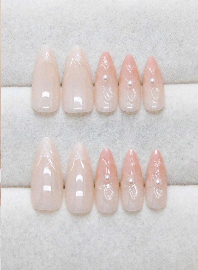 TOGZOM Almond Short Nude Press on Nails - Glossy 3D Flower Acrylic French Tip Gradient False Nails - Full Cover Glue on for Women Girls Manicure Decor - 24Pcs - Image 4